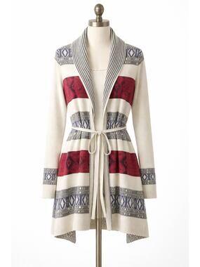 Belldini Tribal Boho Long Cardigan Tie Waist Ivory Red